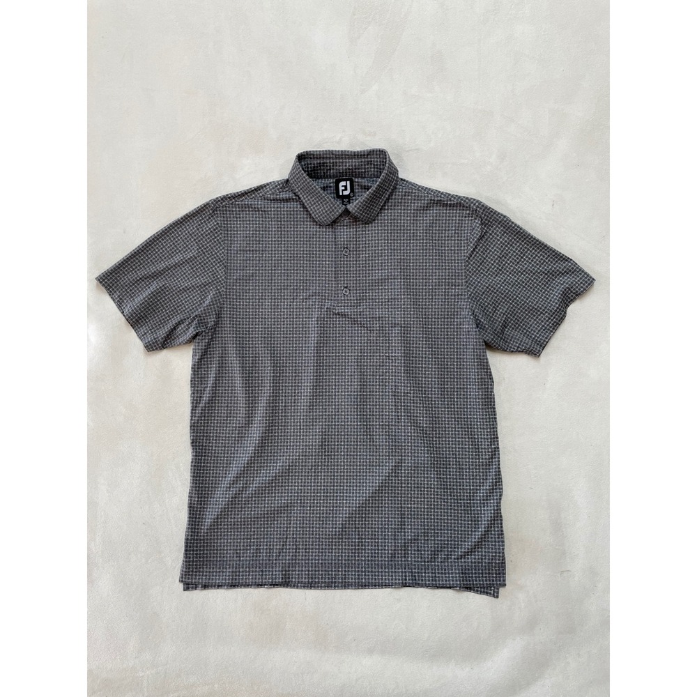 FootJoy Mens Golf Polo Shirt Gray White Grid Pattern Stretch Size L Short Sleeve